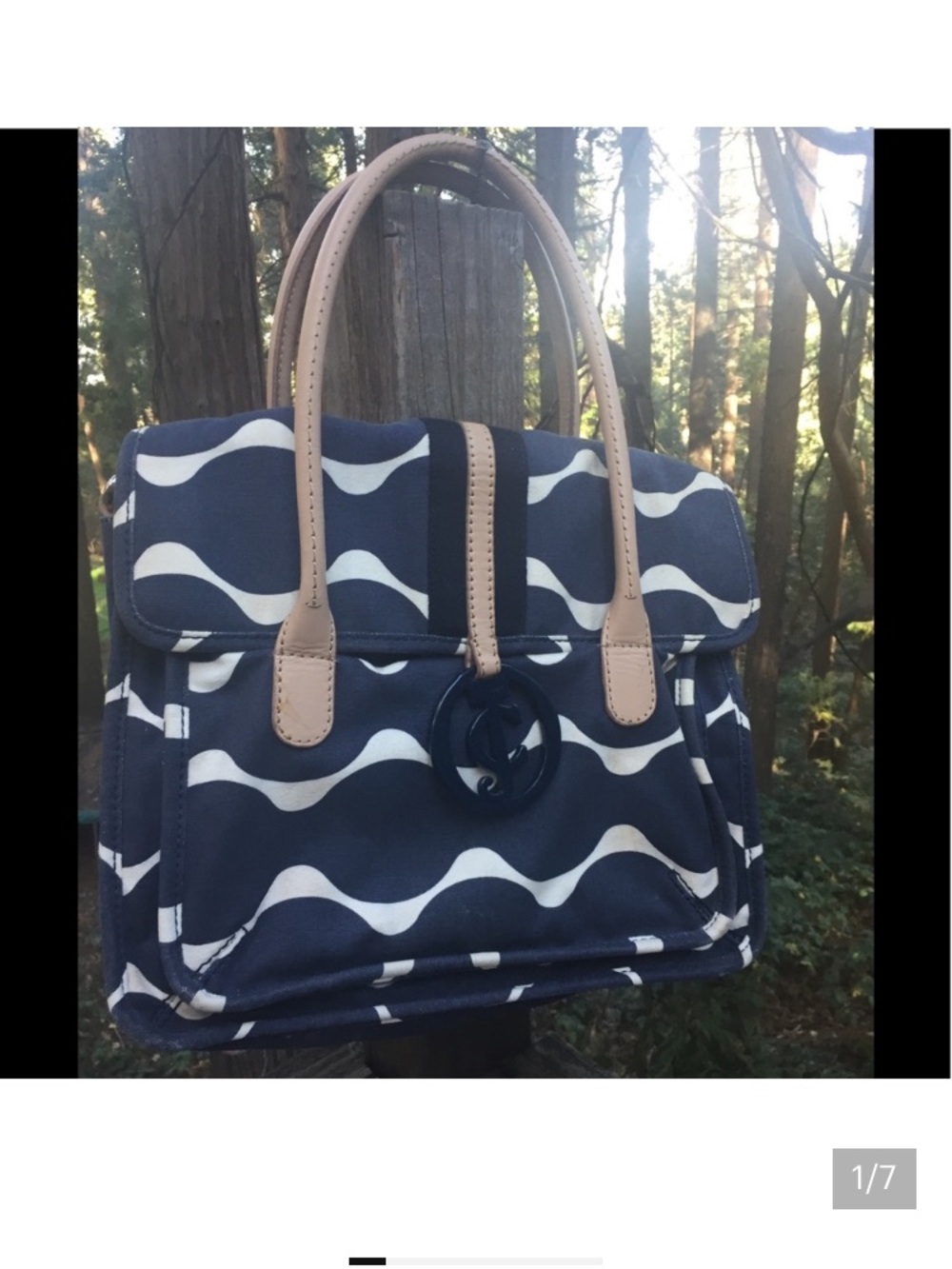 Juicy Couture Navy and Cream Wave tote with Tan Handles